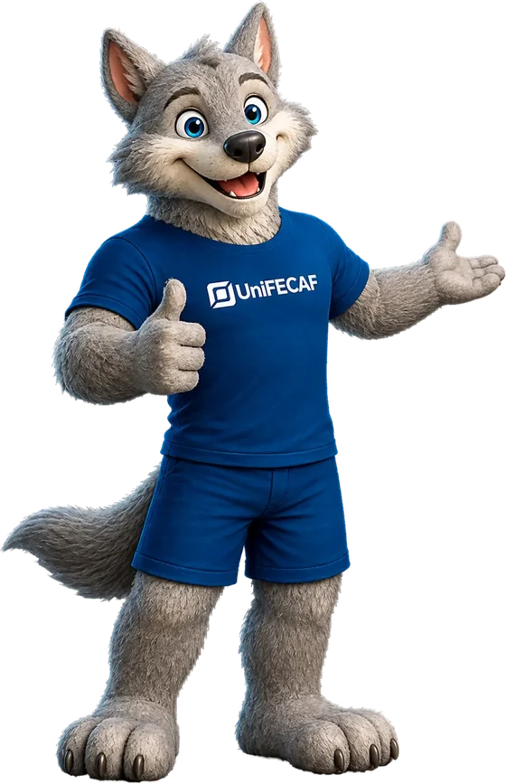 Feroz, o lobo mascote da UniFECAF, sorrindo e fazendo sinal de positivo