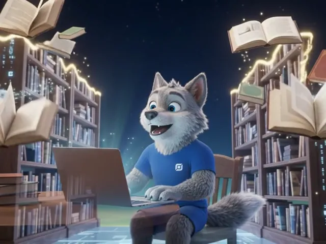 Feroz cercado por estantes digitais iluminadas em azul e verde