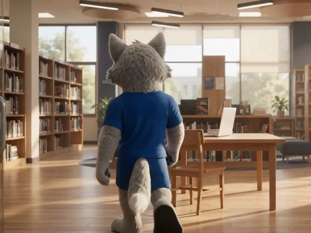 Salão da biblioteca com estantes de livros e mesas de estudo iluminadas pelo sol