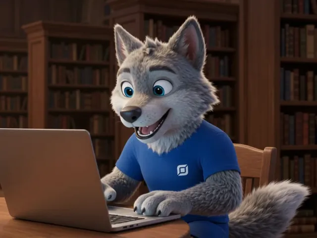 Feroz estudando animado em um notebook dentro da biblioteca