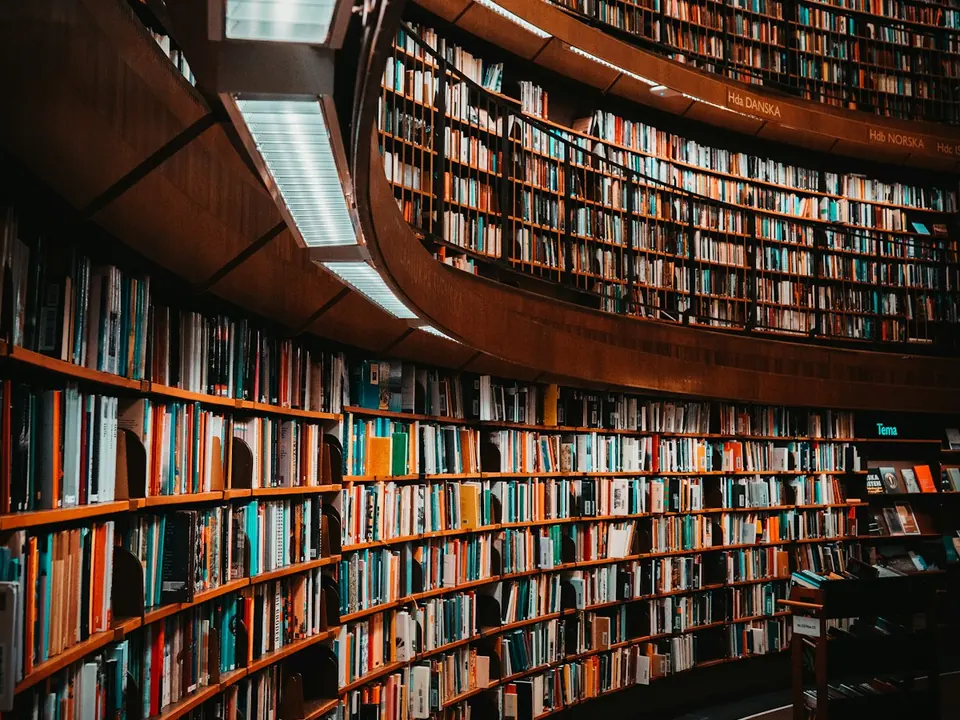 Sala de leitura com estantes curvas de madeira cobertas de livros do chão ao teto